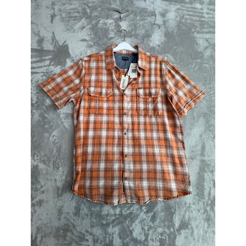Buffalo David Bitton Mens Tangerine Orange Plaid Short Sleeve Button Up‎ Shirt L